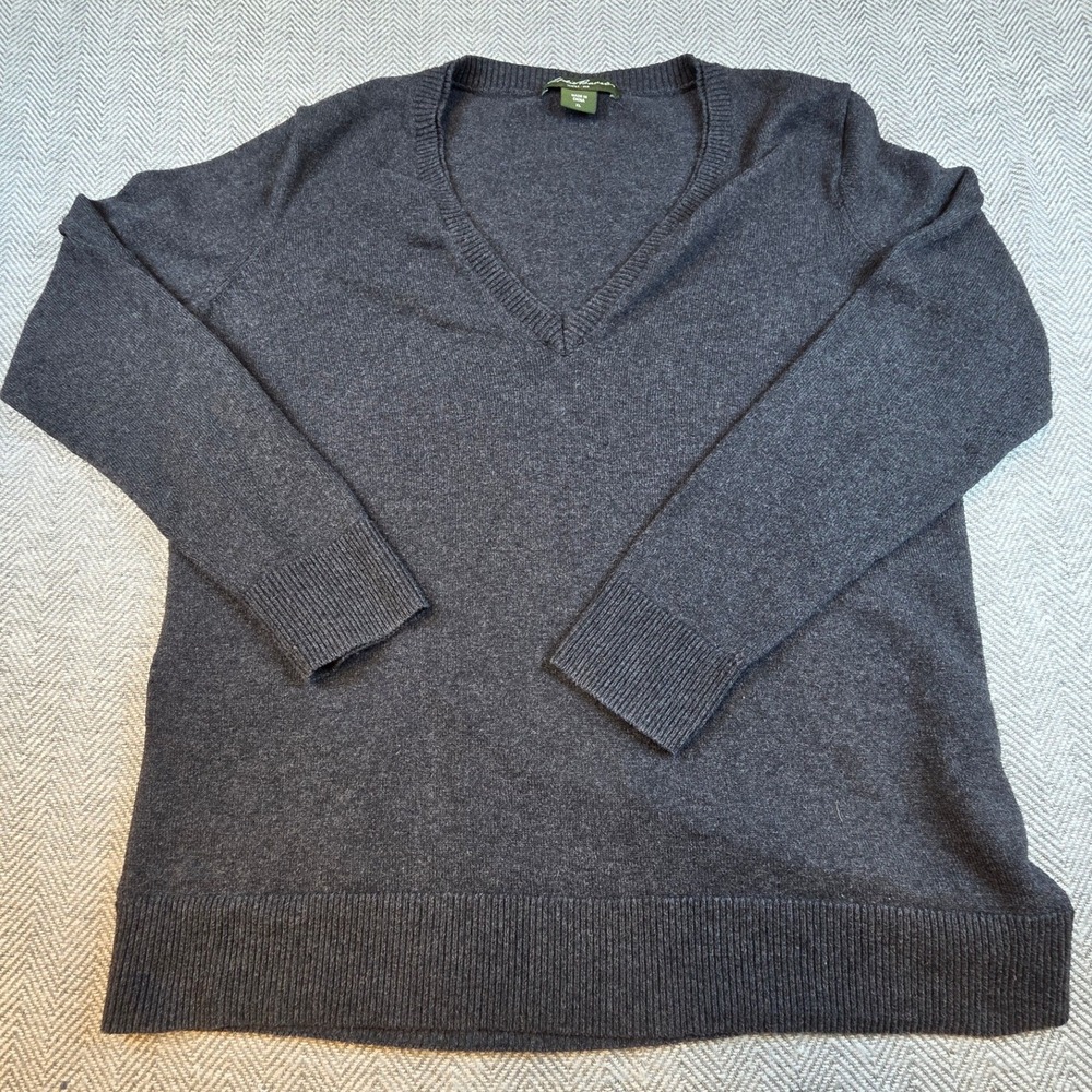 Eddie Bauer Charcoal Gray Cotton Cashmere V-Neck Sweater XL Heathered Knit